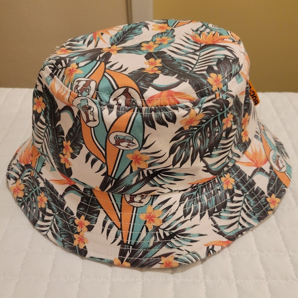 Y2K Style Buc-ees Tropical Floral Bucket Hat White Orange Teal Surfboard Beaver